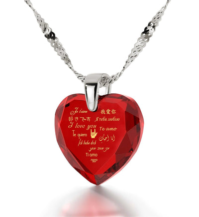 Silver Heart Necklace I Love You in 12 Languages 24k Gold Inscribed Cubic Zirconia - ItemBear.com
