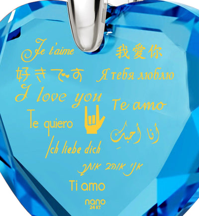 Silver Heart Necklace I Love You in 12 Languages 24k Gold Inscribed Cubic Zirconia - ItemBear.com