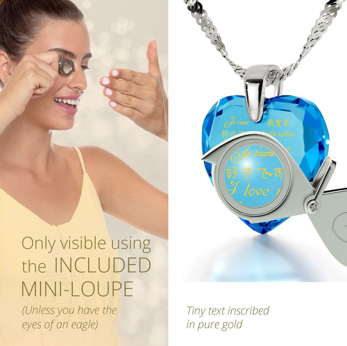 Silver Heart Necklace I Love You in 12 Languages 24k Gold Inscribed Cubic Zirconia - ItemBear.com