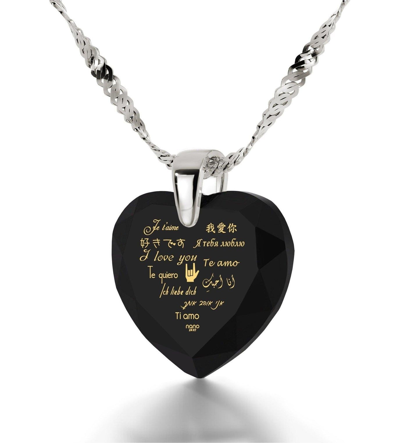 Silver Heart Necklace I Love You in 12 Languages 24k Gold Inscribed Cubic Zirconia - ItemBear.com