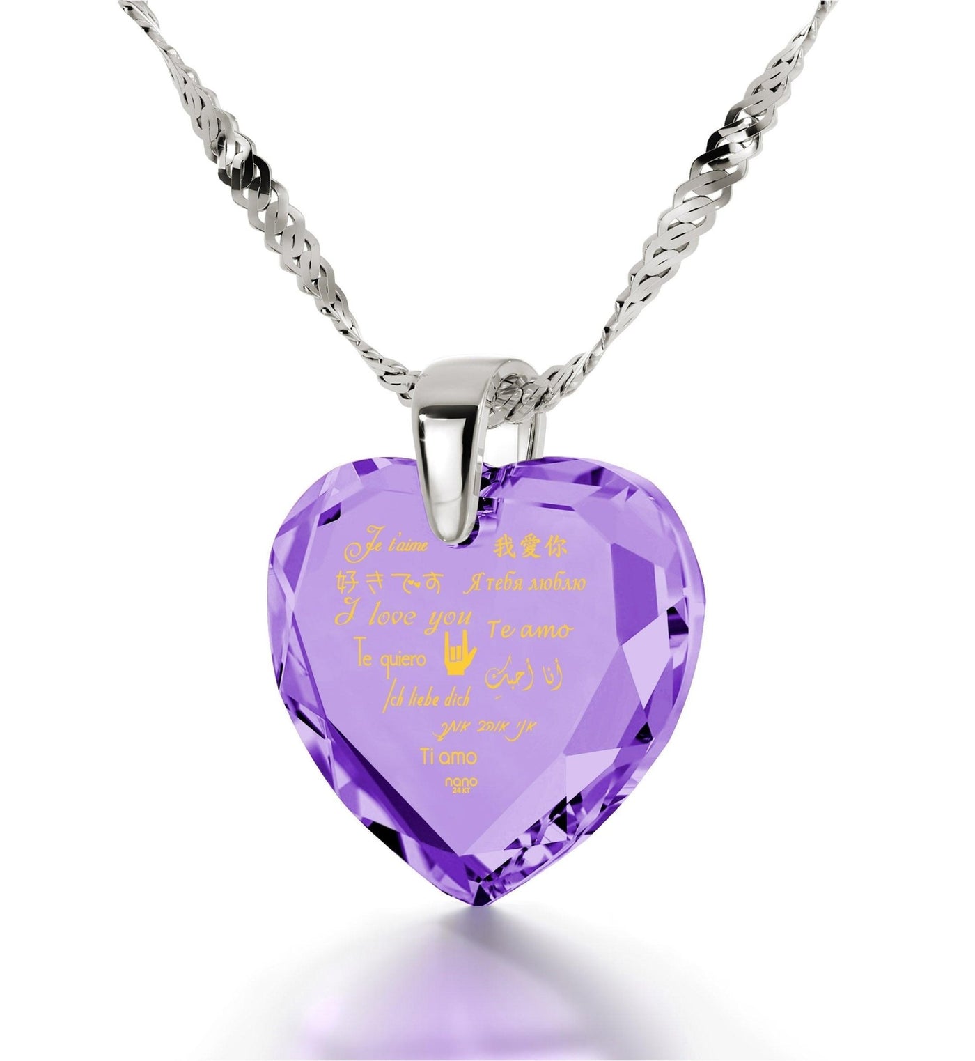 Silver Heart Necklace I Love You in 12 Languages 24k Gold Inscribed Cubic Zirconia - ItemBear.com