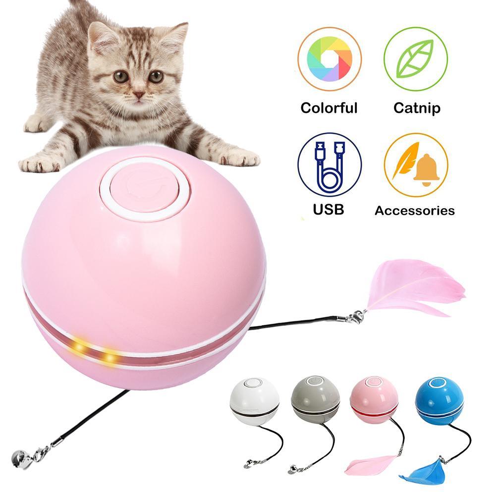 Smart Interactive Cat Toy Colorful LED Self Rotating Ball With Catnip Bell and Feather Toys USB Rechargeable Cat Kitten Ball Toy - ItemBear.com