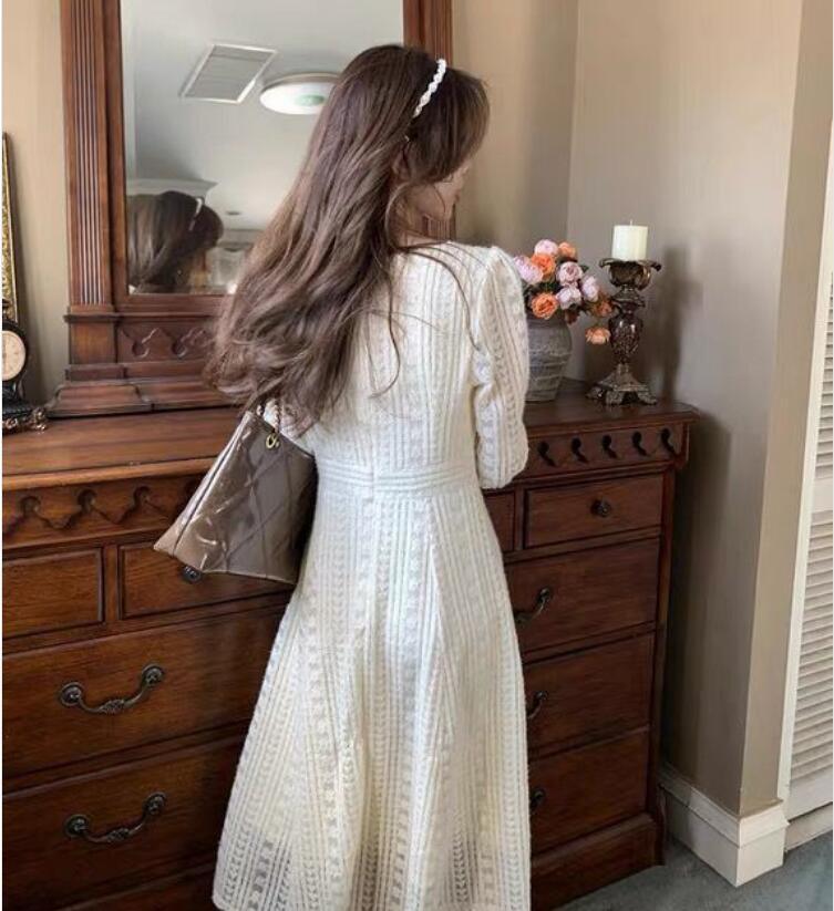 Square neck lace stitching dress female 2022 autumn and winter new design thickened with coat dating fairy skirt - ItemBear.com