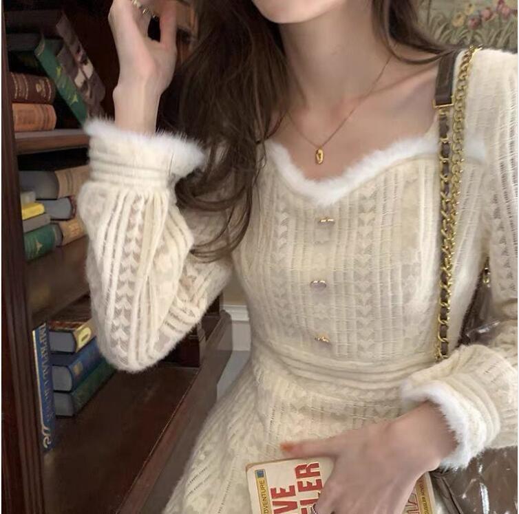 Square neck lace stitching dress female 2022 autumn and winter new design thickened with coat dating fairy skirt - ItemBear.com