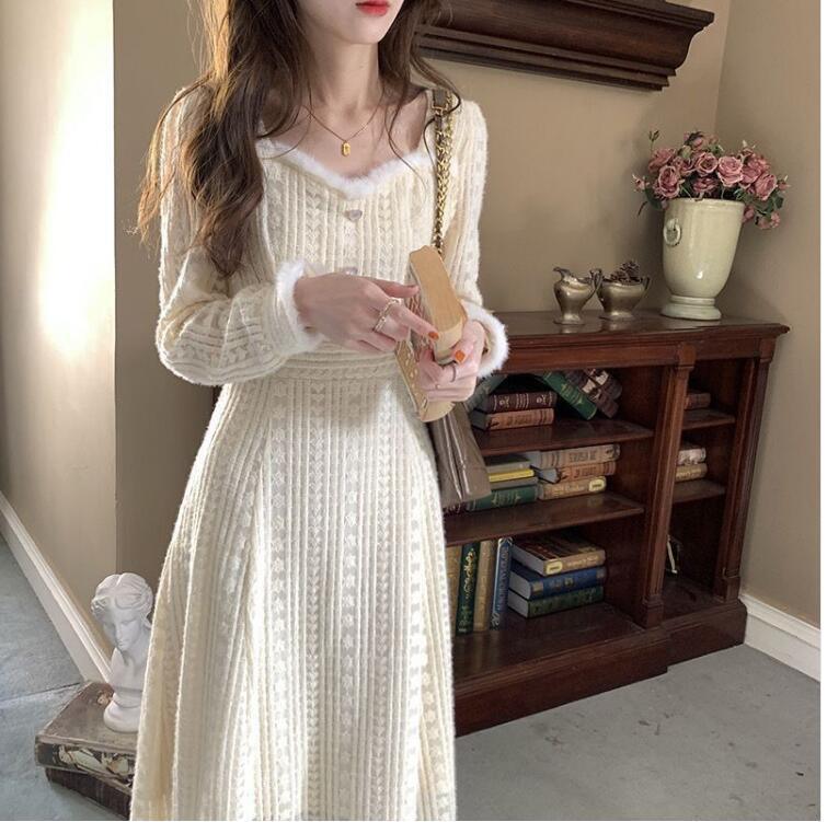 Square neck lace stitching dress female 2022 autumn and winter new design thickened with coat dating fairy skirt - ItemBear.com
