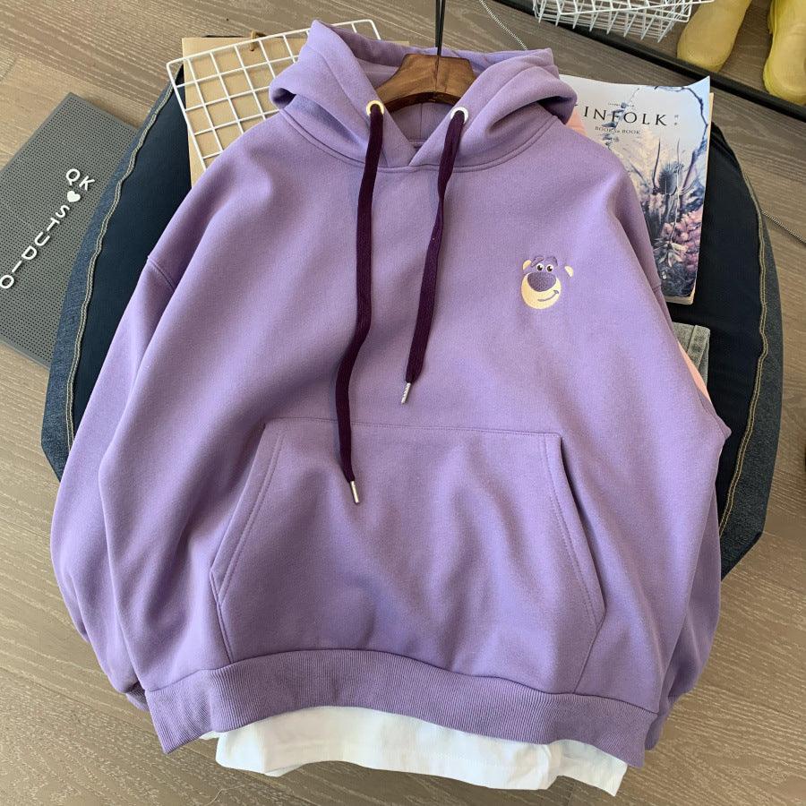 Strawberry bear embroidered plus velvet large size sweater women's autumn and winter loose and versatile hooded jacket fake two-piece tops ins - ItemBear.com
