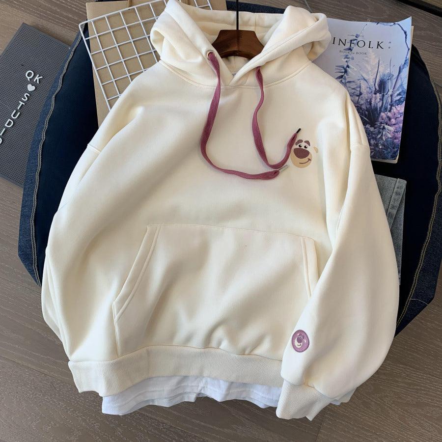 Strawberry bear embroidered plus velvet large size sweater women's autumn and winter loose and versatile hooded jacket fake two-piece tops ins - ItemBear.com