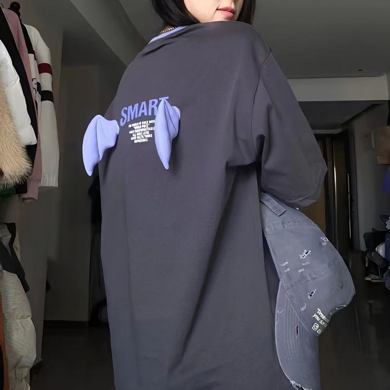 Street Leisure Y2k Summer Clothing Women's T-shirt Alphabet Devil Loose Short Sleeve Harajuku Style Three-dimensional Wings Top - ItemBear.com