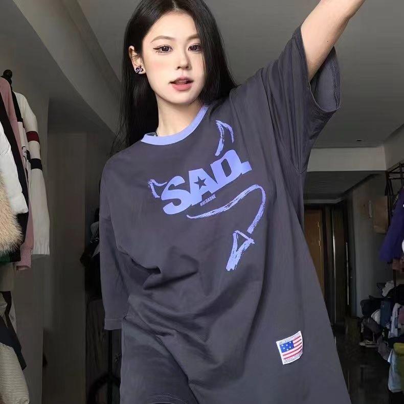 Street Leisure Y2k Summer Clothing Women's T-shirt Alphabet Devil Loose Short Sleeve Harajuku Style Three-dimensional Wings Top - ItemBear.com