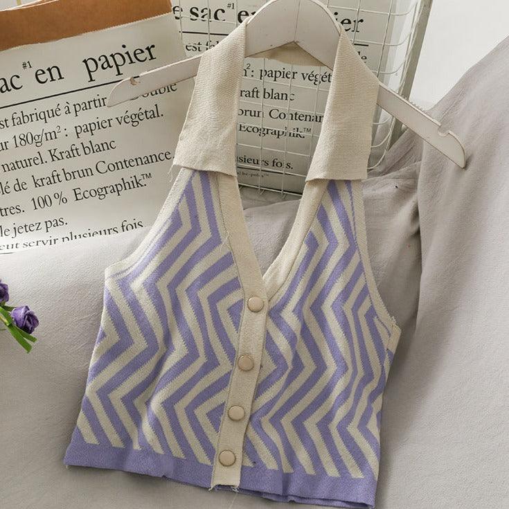 Striped Vest Turn-Down Collar Halter - ItemBear.com