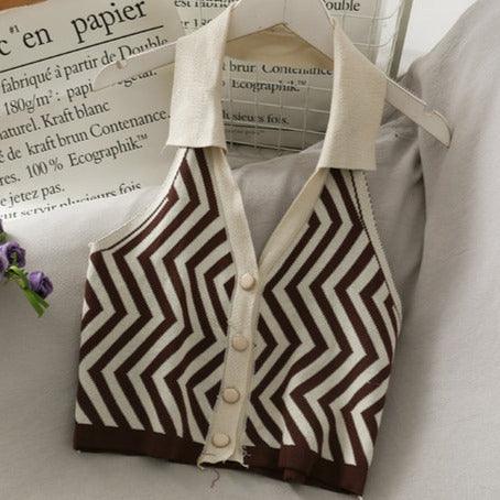 Striped Vest Turn-Down Collar Halter - ItemBear.com