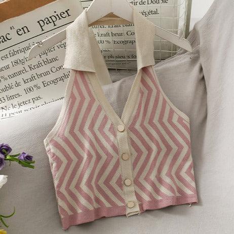 Striped Vest Turn-Down Collar Halter - ItemBear.com