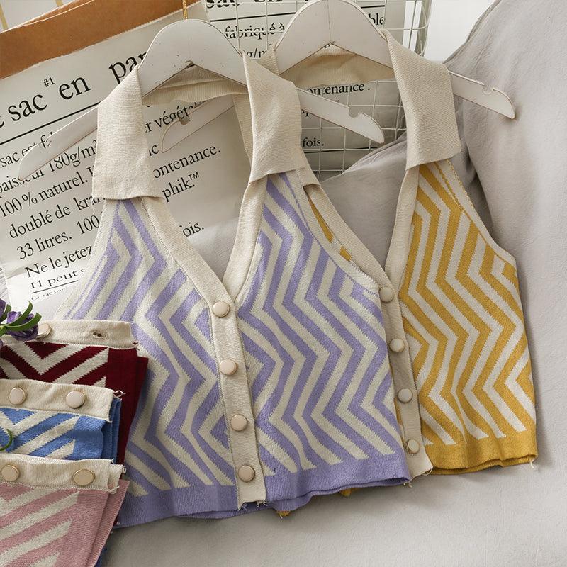 Striped Vest Turn-Down Collar Halter - ItemBear.com