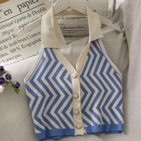 Striped Vest Turn-Down Collar Halter - ItemBear.com
