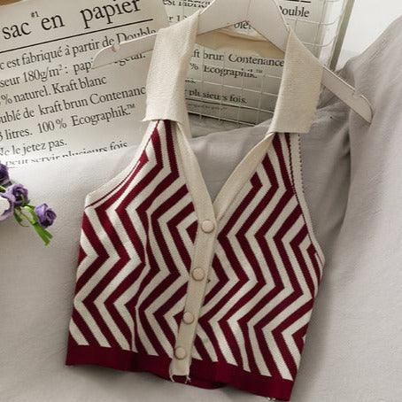 Striped Vest Turn-Down Collar Halter - ItemBear.com