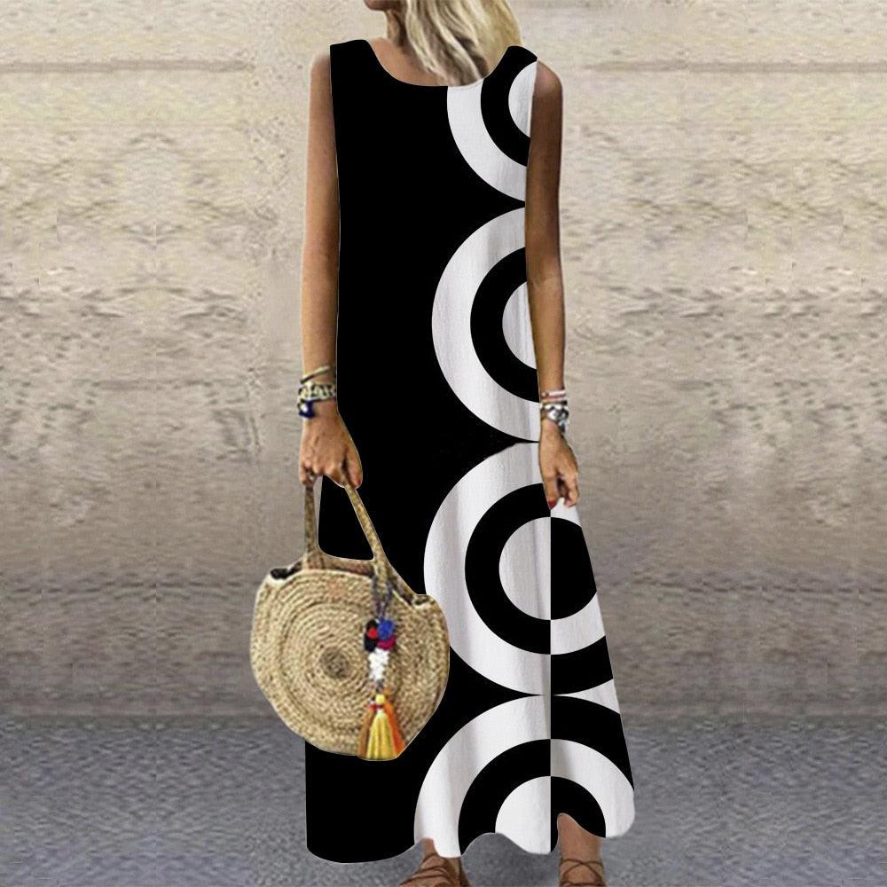 Summer New Fashion Casual Retro Printing Loose Temperament Commuter Long Elegant Robe Dress Party Sleeveless Sundress - ItemBear.com