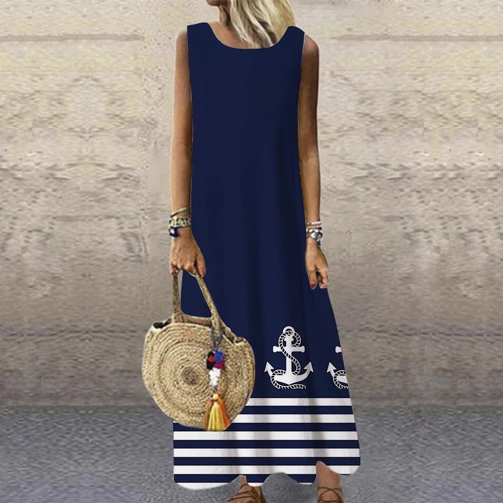 Summer New Fashion Casual Retro Printing Loose Temperament Commuter Long Elegant Robe Dress Party Sleeveless Sundress - ItemBear.com