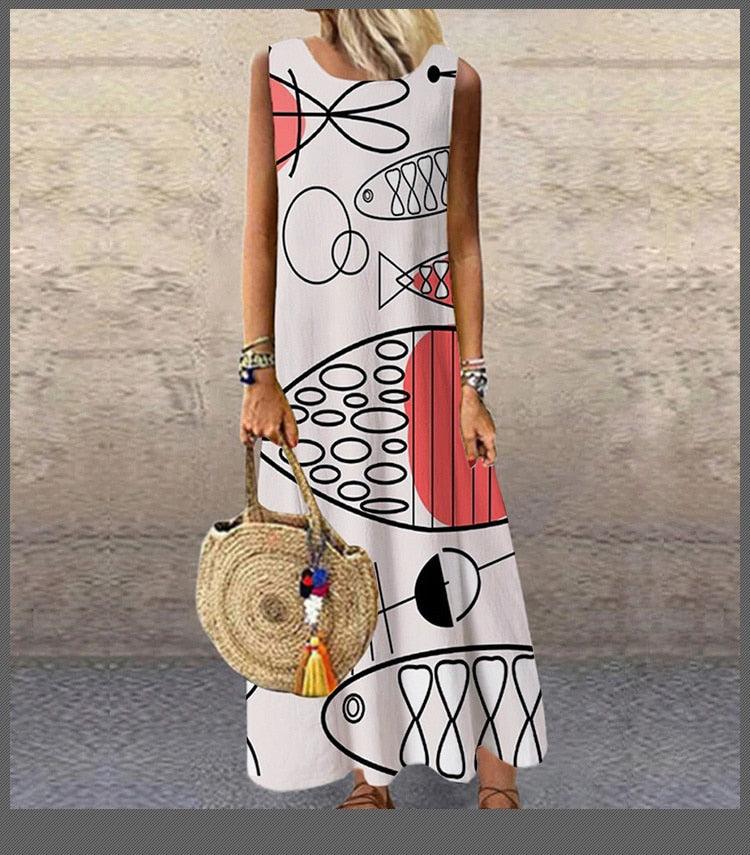 Summer New Fashion Casual Retro Printing Loose Temperament Commuter Long Elegant Robe Dress Party Sleeveless Sundress - ItemBear.com