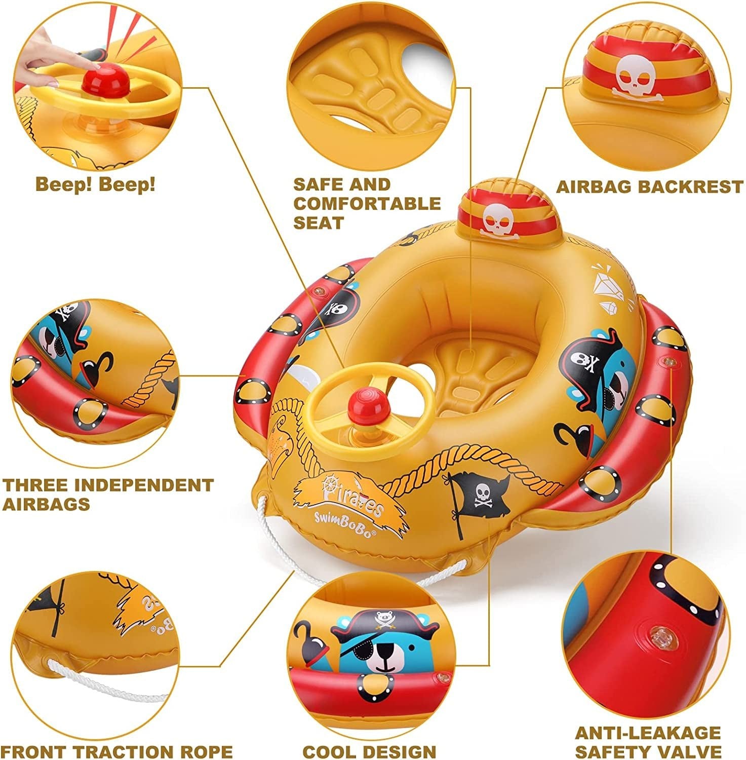 Swimbobo Toddler Pool Float with Seat Boat Inflatable Ride - On Airplane Pirates Sharks Car for Kids Outdoor Toys(Yellow Pirates) - ItemBear.com