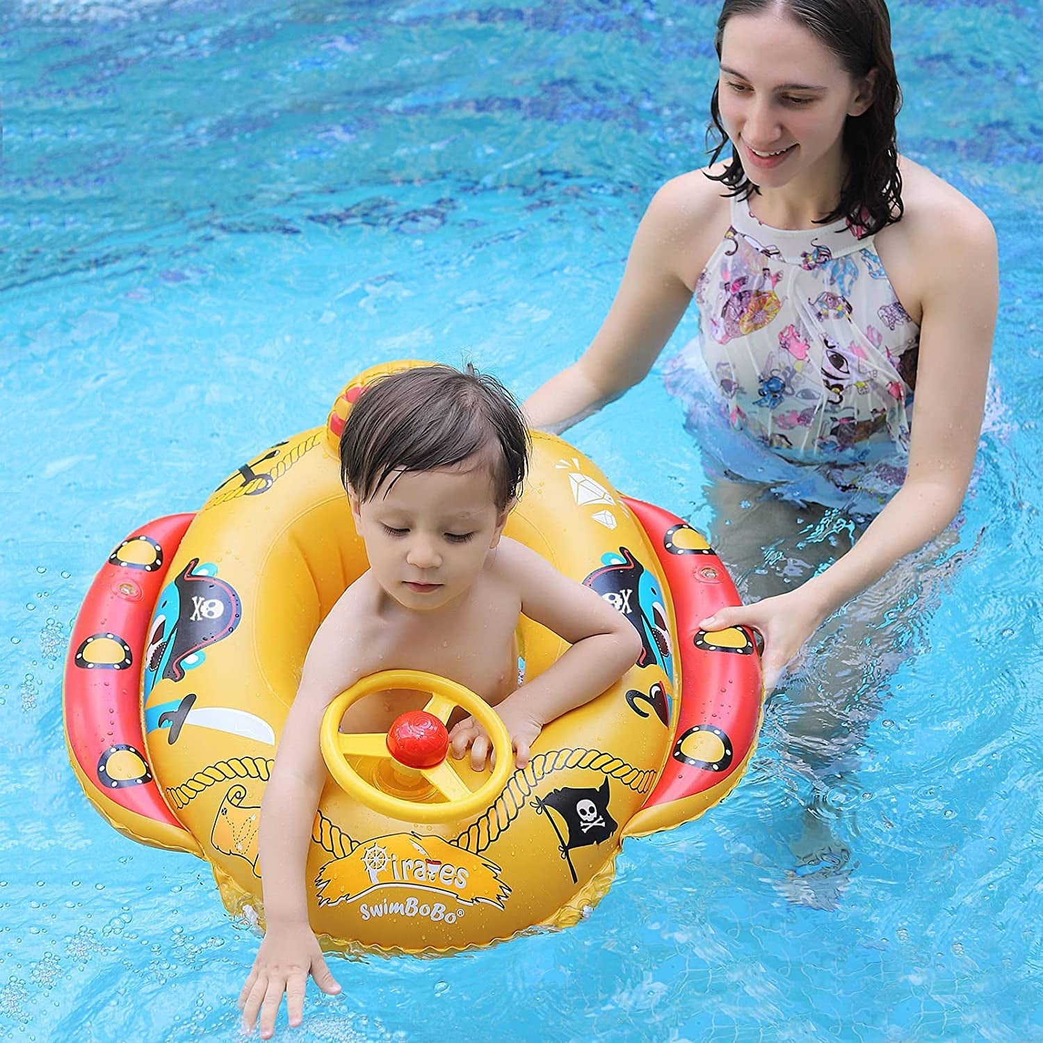 Swimbobo Toddler Pool Float with Seat Boat Inflatable Ride - On Airplane Pirates Sharks Car for Kids Outdoor Toys(Yellow Pirates) - ItemBear.com