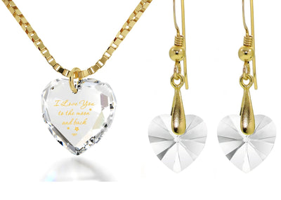Tiny Heart Jewelry Set 24k Gold Inscribed I Love You to the Moon and Back Necklace and Drop Earrings - ItemBear.com