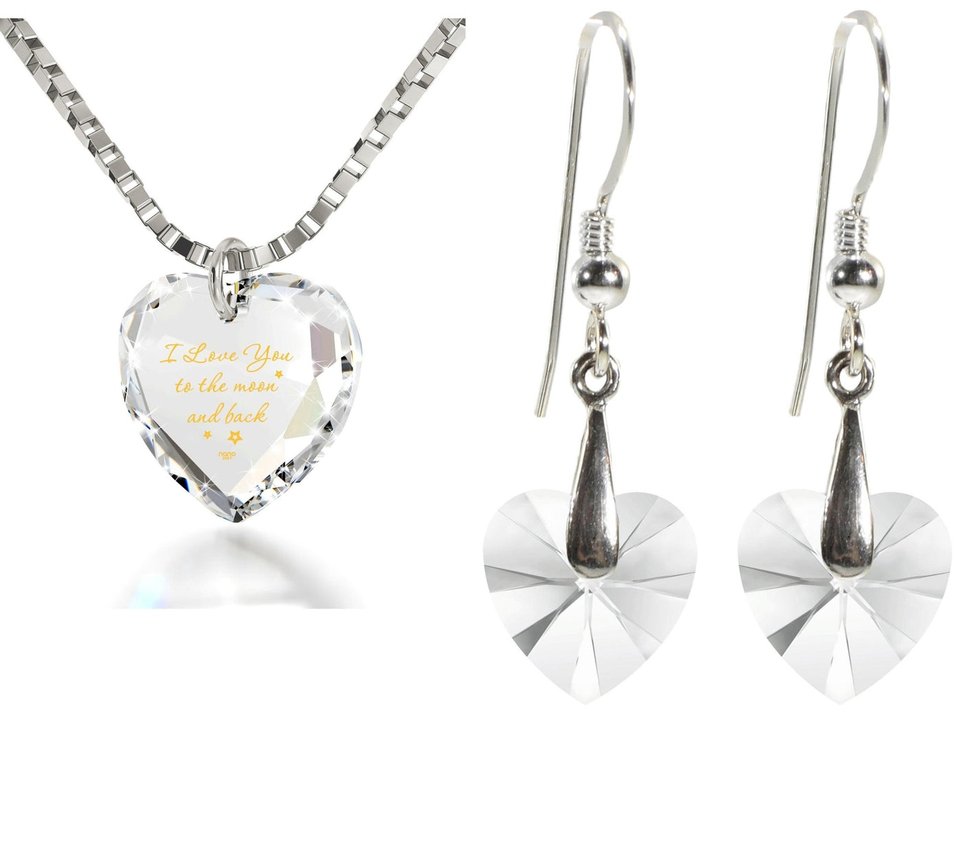 Tiny Heart Jewelry Set 24k Gold Inscribed I Love You to the Moon and Back Necklace and Drop Earrings - ItemBear.com