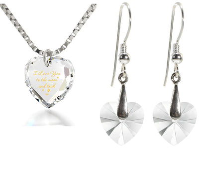 Tiny Heart Jewelry Set 24k Gold Inscribed I Love You to the Moon and Back Necklace and Drop Earrings - ItemBear.com