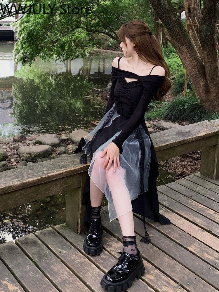 Vintage Black Layered Midi Dress - ItemBear.com