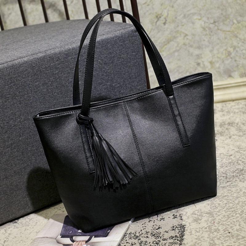 Vintage Black Tassel Tote Bag for Women High Quality Leather Shoulder Bag Large Capacity Top-handle Bag Shopping Lady Purse sac - ItemBear.com