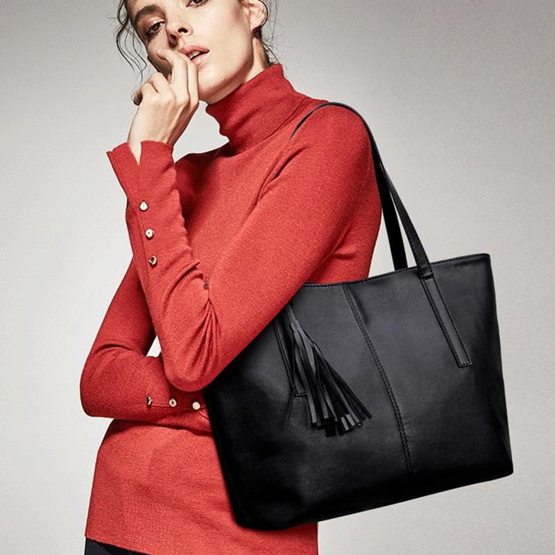 Vintage Black Tassel Tote Bag for Women High Quality Leather Shoulder Bag Large Capacity Top-handle Bag Shopping Lady Purse sac - ItemBear.com