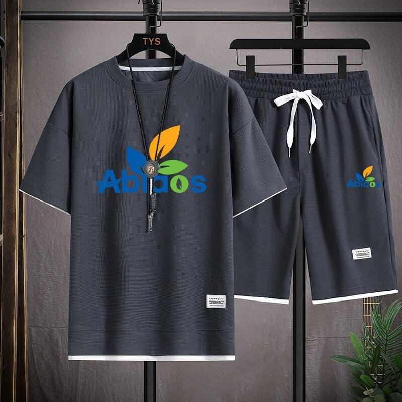 Waffle Pattern 2 Piece Men Shorts Set Summer Tracksuit Men Fashion Clothing Harajuku Style Japan Fashion Loose Fit Sweat Suit - ItemBear.com