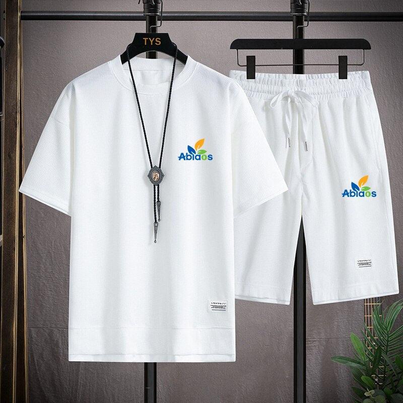 Waffle Pattern 2 Piece Men Shorts Set Summer Tracksuit Men Fashion Clothing Harajuku Style Japan Fashion Loose Fit Sweat Suit - ItemBear.com