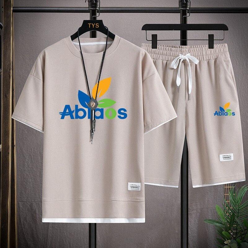 Waffle Pattern 2 Piece Men Shorts Set Summer Tracksuit Men Fashion Clothing Harajuku Style Japan Fashion Loose Fit Sweat Suit - ItemBear.com