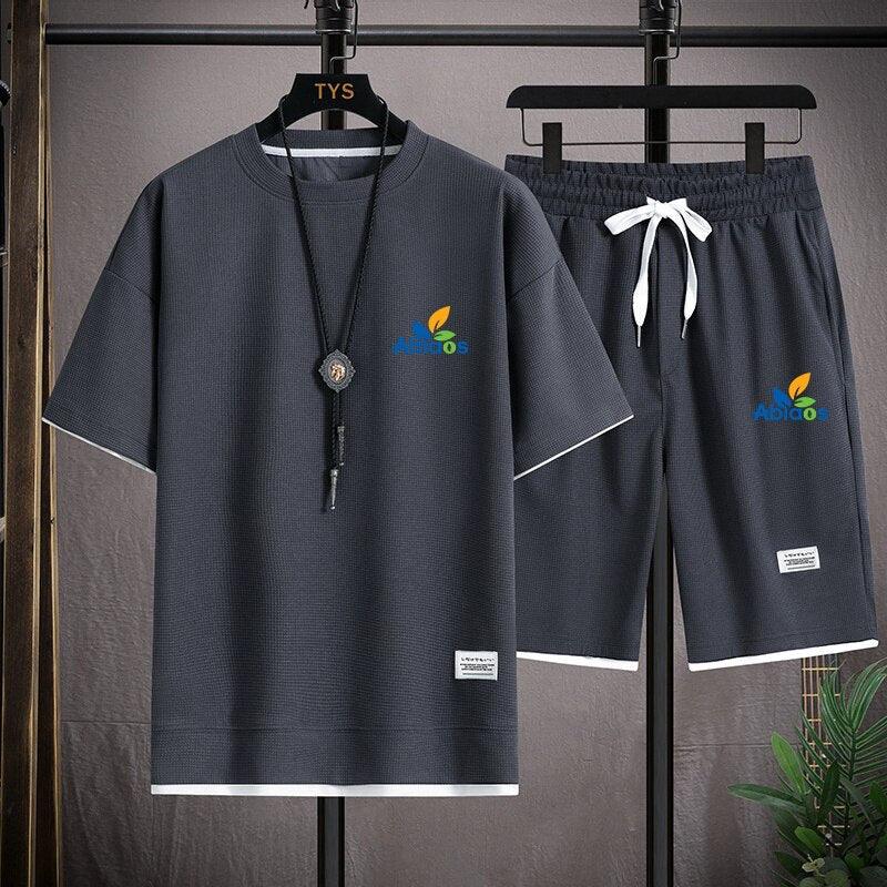 Waffle Pattern 2 Piece Men Shorts Set Summer Tracksuit Men Fashion Clothing Harajuku Style Japan Fashion Loose Fit Sweat Suit - ItemBear.com