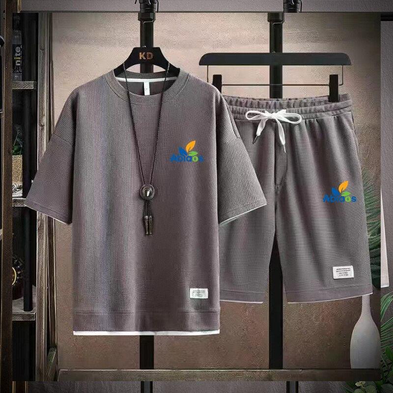 Waffle Pattern 2 Piece Men Shorts Set Summer Tracksuit Men Fashion Clothing Harajuku Style Japan Fashion Loose Fit Sweat Suit - ItemBear.com
