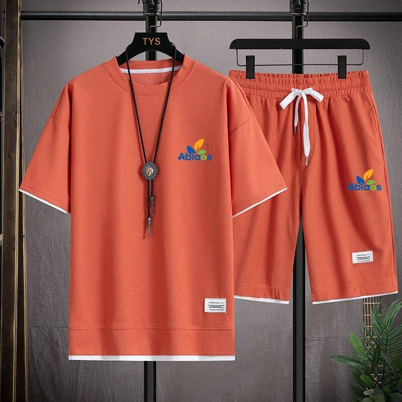 Waffle Pattern 2 Piece Men Shorts Set Summer Tracksuit Men Fashion Clothing Harajuku Style Japan Fashion Loose Fit Sweat Suit - ItemBear.com