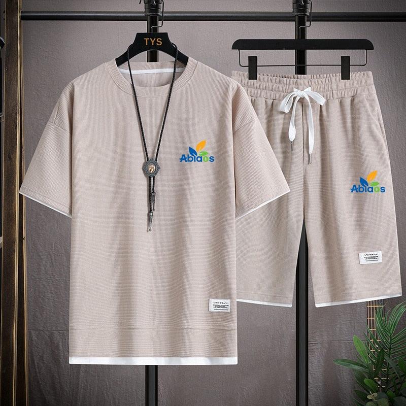 Waffle Pattern 2 Piece Men Shorts Set Summer Tracksuit Men Fashion Clothing Harajuku Style Japan Fashion Loose Fit Sweat Suit - ItemBear.com