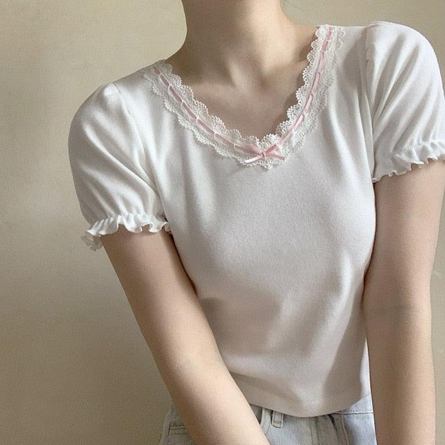 White T-Shirt for Sweet Girl Ribbon Lace Trim V-Neck Bowknot Puff Sleeve Slim Cotton TShirt Kawaii Clothes Summer Tops - ItemBear.com