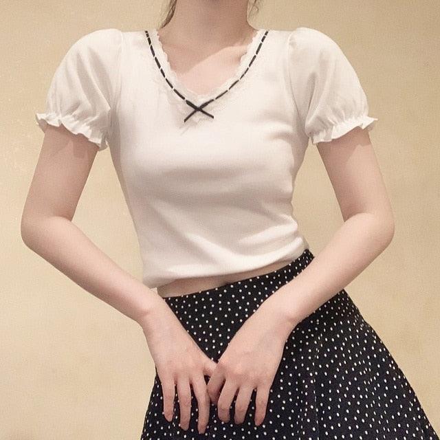 White T-Shirt for Sweet Girl Ribbon Lace Trim V-Neck Bowknot Puff Sleeve Slim Cotton TShirt Kawaii Clothes Summer Tops - ItemBear.com