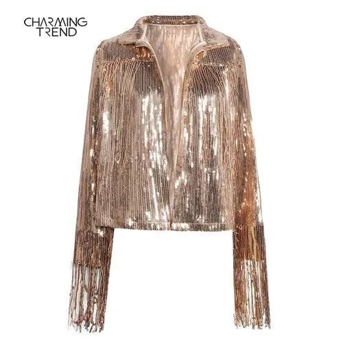 Women Tassel Sequin Jacket 2022 Autumn Winter Streewear Rock BF Retro - ItemBear.com
