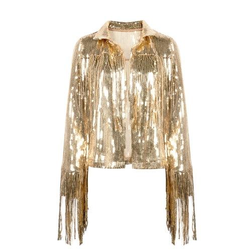 Women Tassel Sequin Jacket 2022 Autumn Winter Streewear Rock BF Retro - ItemBear.com