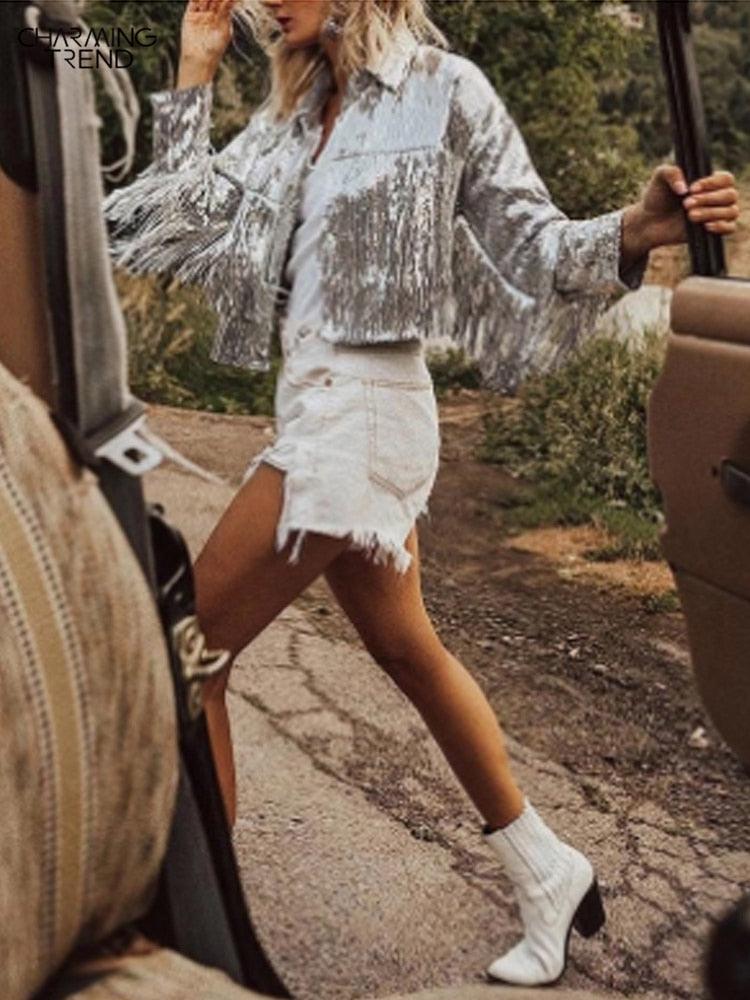 Women Tassel Sequin Jacket 2022 Autumn Winter Streewear Rock BF Retro - ItemBear.com
