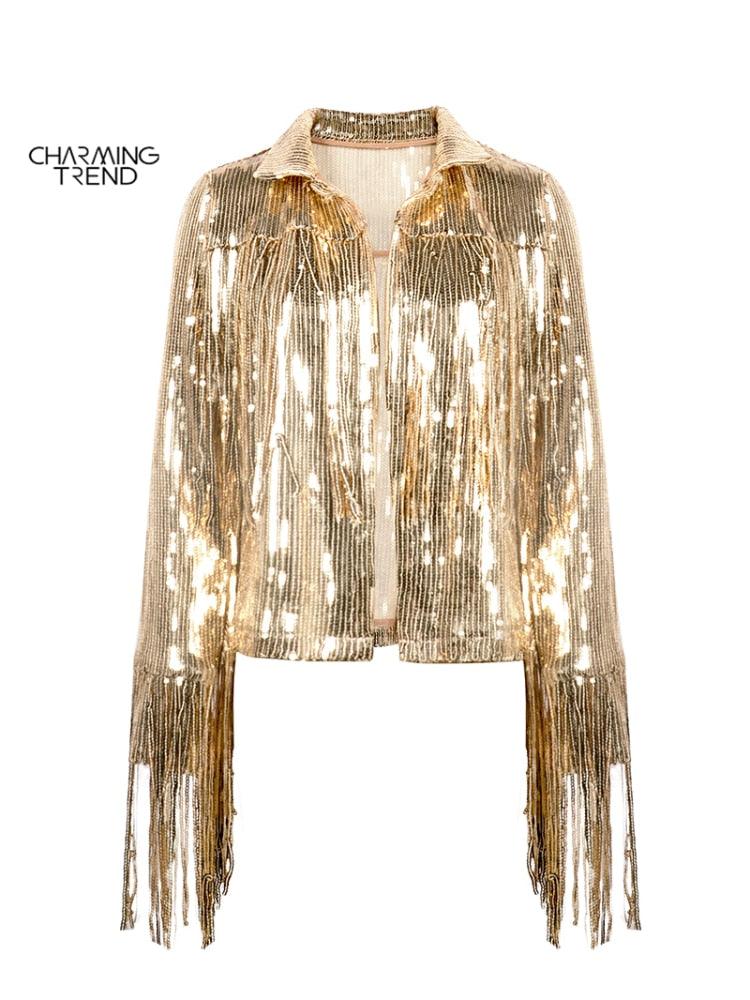 Women Tassel Sequin Jacket 2022 Autumn Winter Streewear Rock BF Retro - ItemBear.com