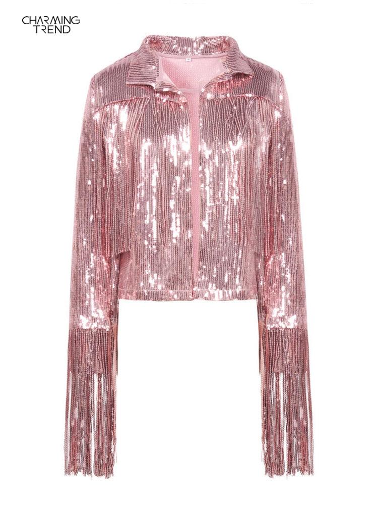 Women Tassel Sequin Jacket 2022 Autumn Winter Streewear Rock BF Retro - ItemBear.com