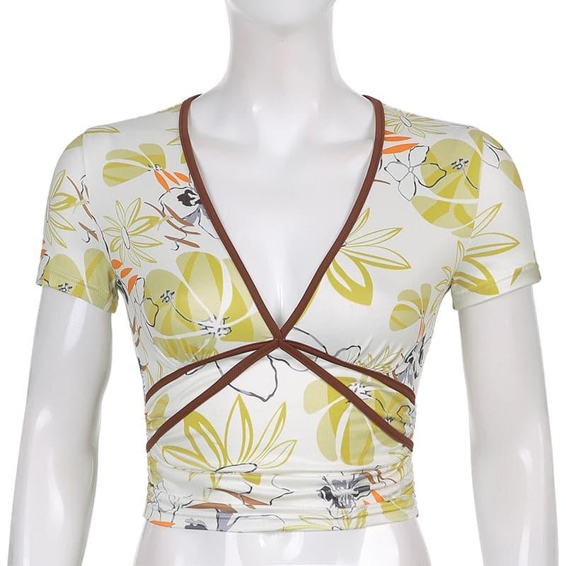Y2K Floral Beach V-Neck Short Sleeve Top - ItemBear.com
