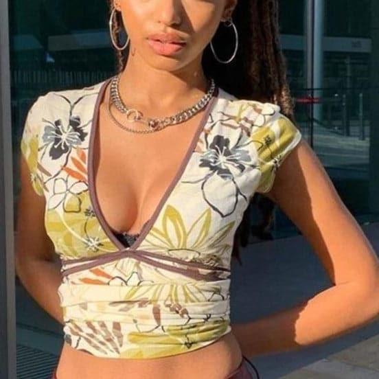 Y2K Floral Beach V-Neck Short Sleeve Top - ItemBear.com
