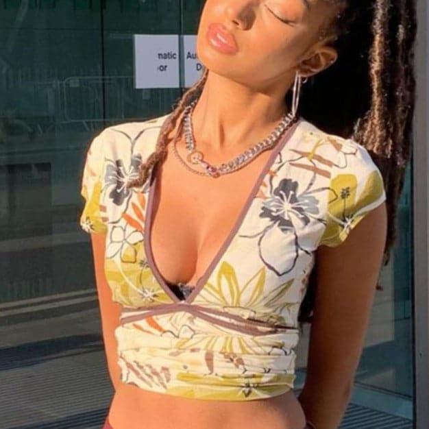 Y2K Floral Beach V-Neck Short Sleeve Top - ItemBear.com